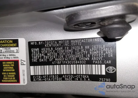 2012 Toyota Camry Xle z USA, uszkodzony, nr VIN 4T1BF1FK9CU584932